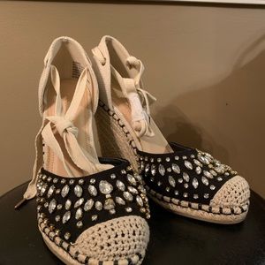 High heel wedges, black and tan with gem embellishments, crochet tips, lace up